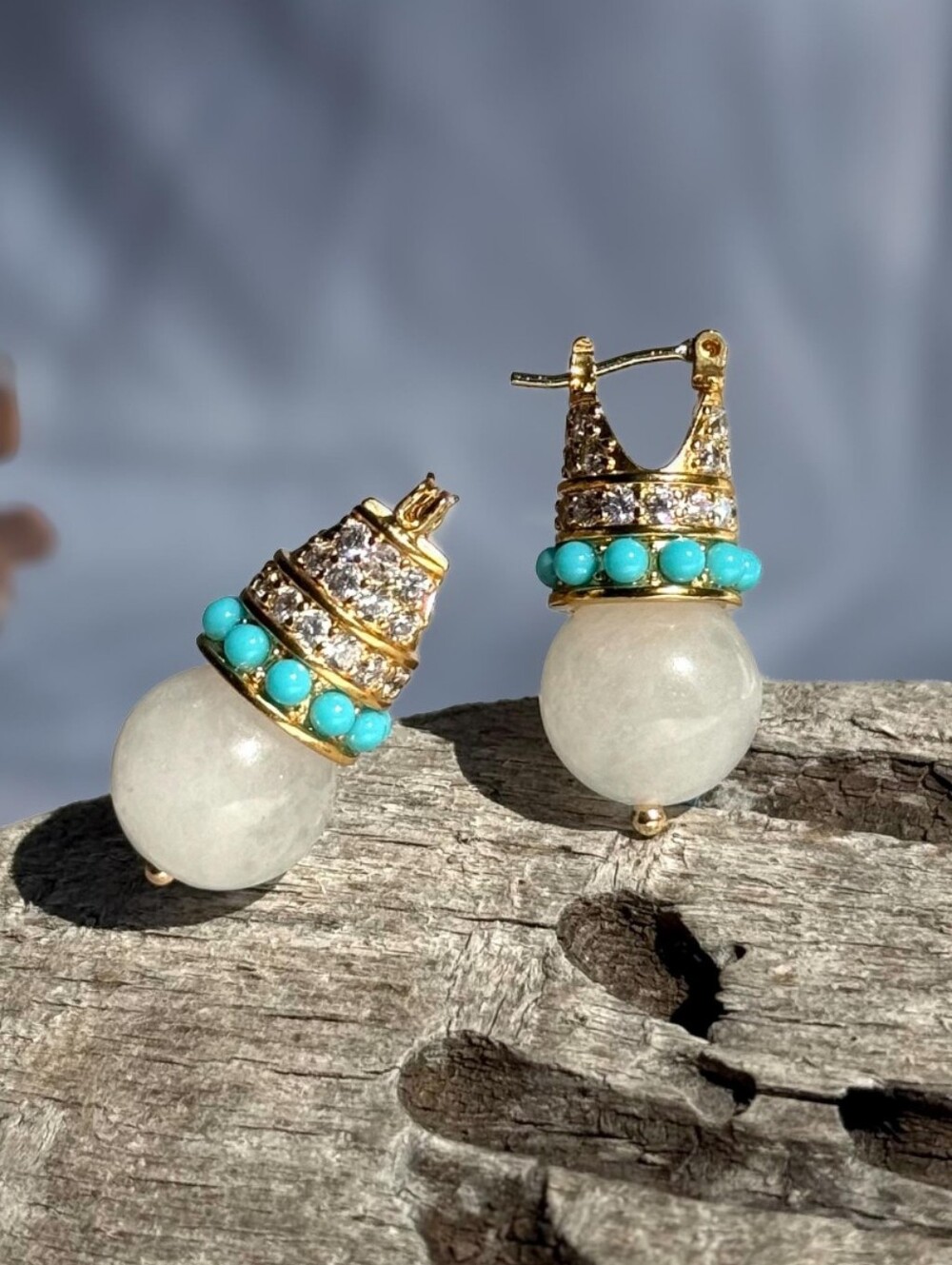 Gold-Tone Earrings with Turquoise Beads and White Stone Drops